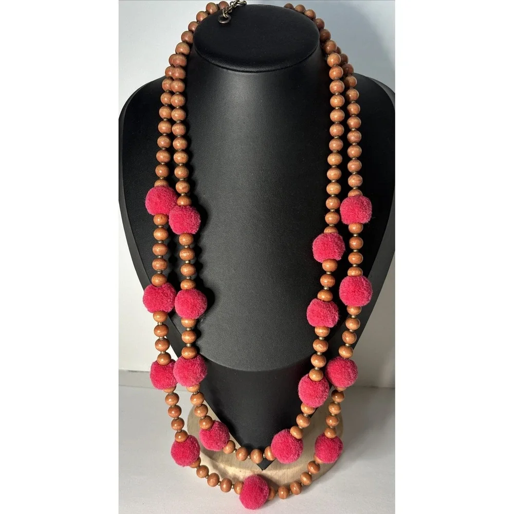 J Crew Pom Pom Necklace Wood Beads Hot Pink Brown Double Strand Beaded Jewelry